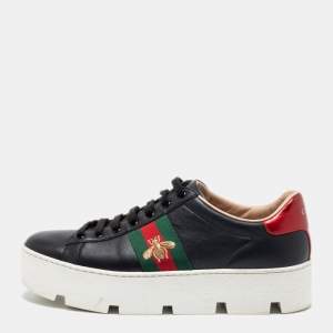 Gucci Black Leather Embroidered Bee Ace Platform Sneakers Size 39