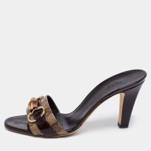 Pre Owned صندل سلايد غوتشي بامبو هورسبيت كانفاس كريستال جي جي وجلد بيج/بني لامع مقاس 38