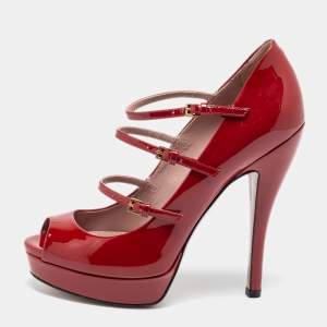 Pre Owned Gucci Red Patent Leather Platform Ankle Strap Mary Jane Peep Toe Pumps Size 36