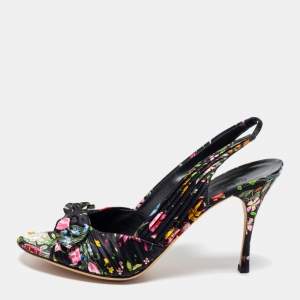 Pre Owned Gucci Black Floral Print Satin Bow Open-Toe Slingback Pumps Size 41