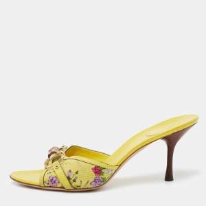 Pre Owned صندل سلايد غوتشي بامبو هورسبيت كانفاس مورد مطبوع وجلد أصفر مقاس 41