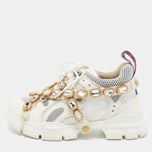 Gucci White/Grey Mesh And Leather Flashtrek Low Top Sneakers Size 36