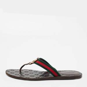 مملوكة مسبقًا صندل إصبع غوتشي جلد بني مزين جي جي ويب مقاس 39