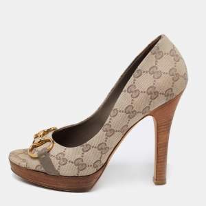 Pre Owned Gucci Beige/Grey GG Canvas Horsebit Peep-Toe Platform Pumps Size 37
