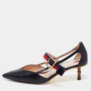 Pre Owned Gucci Black Leather Sylvie Web Strap Bamboo Heel Unia Pumps Size 37