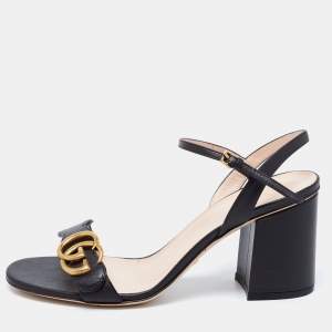 Pre Owned صندل غوتشي جي جي مارمونت جلد أسود كعب مربع سميك سير كاحل مقاس 37.5