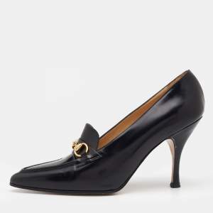 Pre Owned حذاء كعب عالي لوفرز غوتشي فينتدج جلد أسود مزين هورسبيت مقاس 37.5