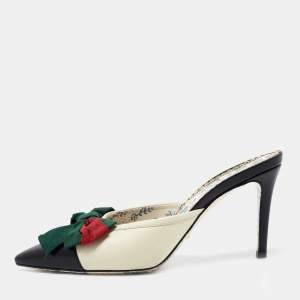 Pre Owned حذاء سلايد غوتشي جلد أسود/كريمي مزين فيونكة ويب مقدمة مدببة مقاس 36.5