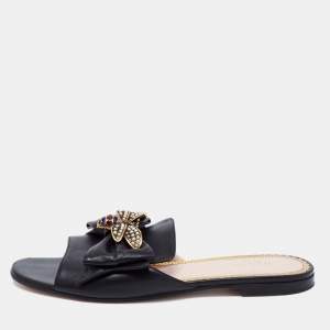 Pre Owned Gucci Black Leather Bee-Embellished Flat Sandals Size 39