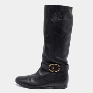 Gucci Black Leather Sachalin Interlocking Double G Riding Boots Size 37.5 