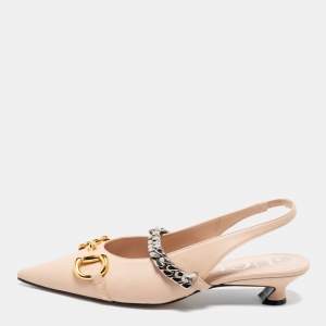 Gucci Beige Leather Horsebit Pointed Toe Slingback Sandals Size 38.5
