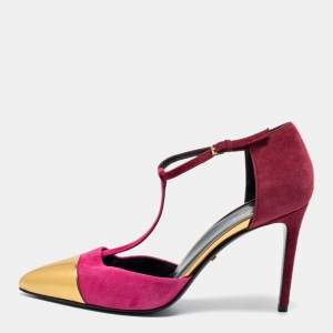 Pre Owned Gucci Tri Color Suede and Leather Cap Toe Coline T-Strap Pumps Size 36.5