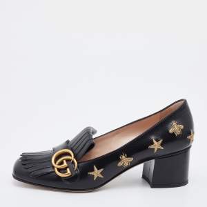 مملوكة مسبقًا حذاء كعب عالي غوتشي GG مارمونت جلد أسود بشراشيب مقاس 38