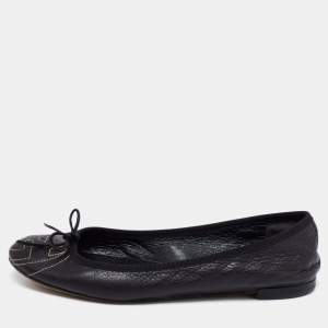 Pre Owned Gucci Black Leather GG Interlocking Bow Ballet Flats Size 38