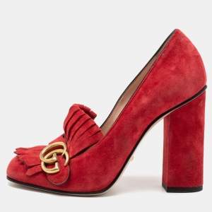 مملوكة مسبقًا Gucci Red Suede GG Marmont Fringed Block Heel Pumps Size 38