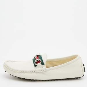 Pre Owned Gucci White Leather Web Horsebit Slip On Loafers Size 36.5