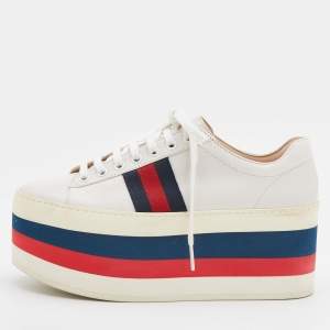 Gucci Off White Leather Peggy Web Detail Platform Sneakers Size 37