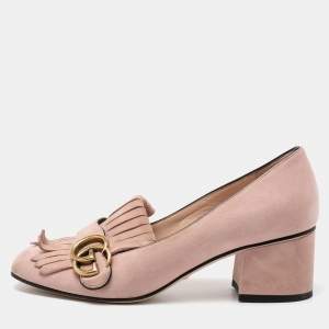 Pre Owned Gucci Light Pink Suede GG Marmont Fringe Block Heel Pumps Size 37