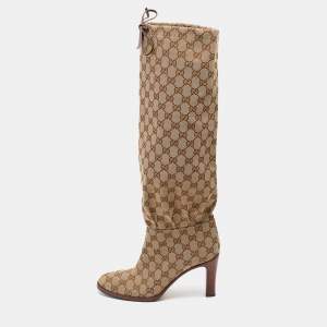 Pre Owned Gucci Beige/Brown GG Canvas Lisa Knee length Boots Size 40