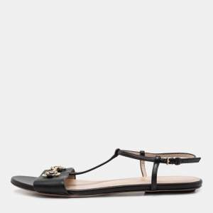 Gucci Black Leather Horsebit T-Strap Flat Sandals Size 38.5