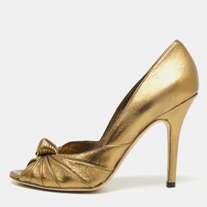 Pre Owned Gucci Metallic Bronze Leather Knot Peep Toe Pumps Size 39