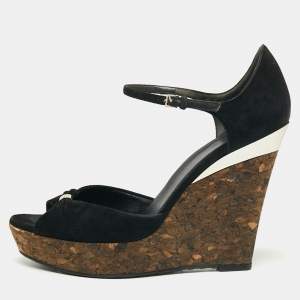 Gucci Black Suede Cork Wedge Platform Sandals Size 38