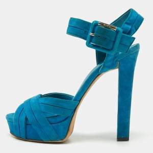 Gucci Blue Suede Ankle-Strap Platform Sandals Size 38