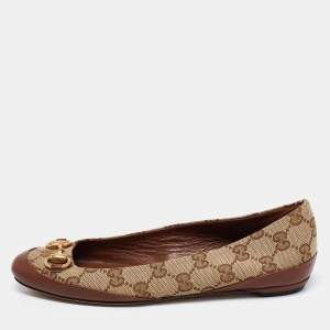 Pre Owned Gucci Brown/Beige Leather and GG Canvas Horsebit Ballet Flats Size 35