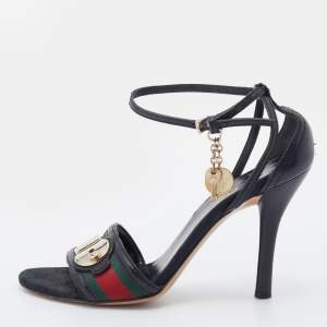 Gucci Black Leather Web Lock Charm Detail Ankle Strap Sandals Size 36.5