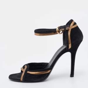 Gucci Black/Gold Suede And Leather Ankle Strap Sandals Size 38.5