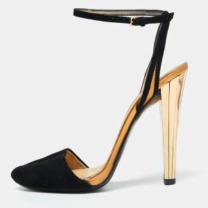 Gucci Black/Gold Suede Peep Toe Ankle Strap Sandals Size 38