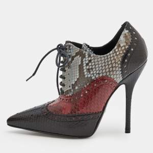 Gucci Tricolor Brogue Python Leather Gia Pointed Toe Lace Up Ankle Booties Size 35