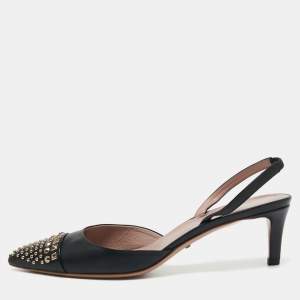Pre Owned Gucci Black Leather Studded Pointed Toe Slingback Pumps Size 39.5