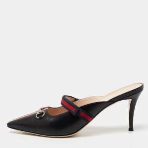 مملوكة مسبقًا Gucci Black/Red Leather Emma Web Strap Horsebit Mules Size 42