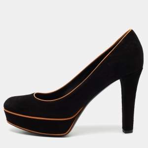 مملوكة مسبقًا حذاء كعب عالي غوتشي هيوستن سويدي بني / أسود بنعل سميك مقاس 37.5