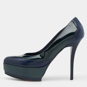 مملوكة مسبقًا حذاء كعب عالي غوتشي جلد وجلد لامع أخضر/أزرق نعل سميك مقاس 36.5