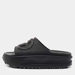 Pre Owned Gucci Black Rubber Interlocking G Slide Sandals Size 39