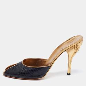 Gucci Black Snakeskin Leather Peep-Toe Studded Heel Mules Size 40