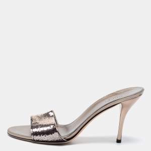 Gucci Metallic Bronze Leather And Sequin Embellished Slide Sandals Size 39.5