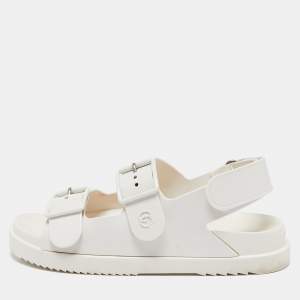 Pre Owned Gucci White Rubber Mini Double G Logo Dusty Ankle Strap Flat Sandals Size 38