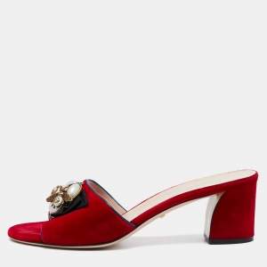 Pre Owned Gucci Red Velvet Bee/Faux Pearl Mid-Heel Slide Sandals Size 40