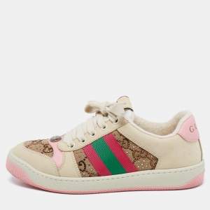 Pre Owned Gucci Beige/Pink GG Canvas And Nubuck Leather Screener Embellished Sneakers Size 35.5