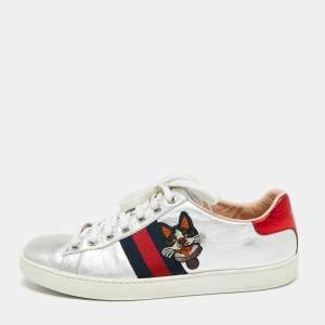 Gucci Silver Leather Ace Lace Up Sneakers Size 37.5