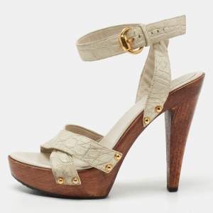 Gucci Beige Croc Embossed Leather Criss Cross Ankle Strap Platform Sandals Size 37.5
