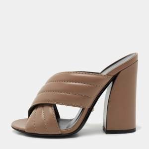 Gucci Beige Quilted Leather Criss Cross Webby Slide Sandals  Size 35