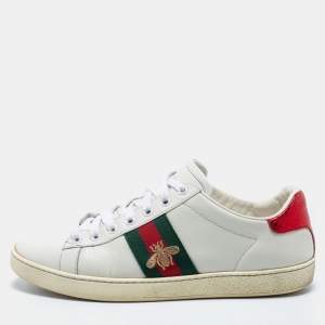 Gucci White Leather And Python Embossed Leather Bee Ace  Sneakers Size 38.5