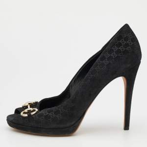 Gucci Black Microguccissima Suede Horsebit Peep Toe Pumps Size 39