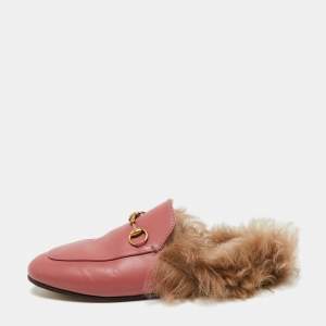 Pre Owned Gucci Pink Leather Horsebit Princetown Horsebit Flat Mules Size 37