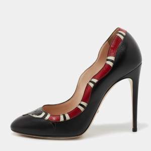 Pre Owned Gucci Black/Red Leather Kingsnake Pumps Size 38