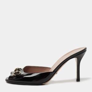 مملوكة مسبقًا Gucci Black Patent Leather New Hollywood Horsebit Open Toe Slide Sandals Size 39